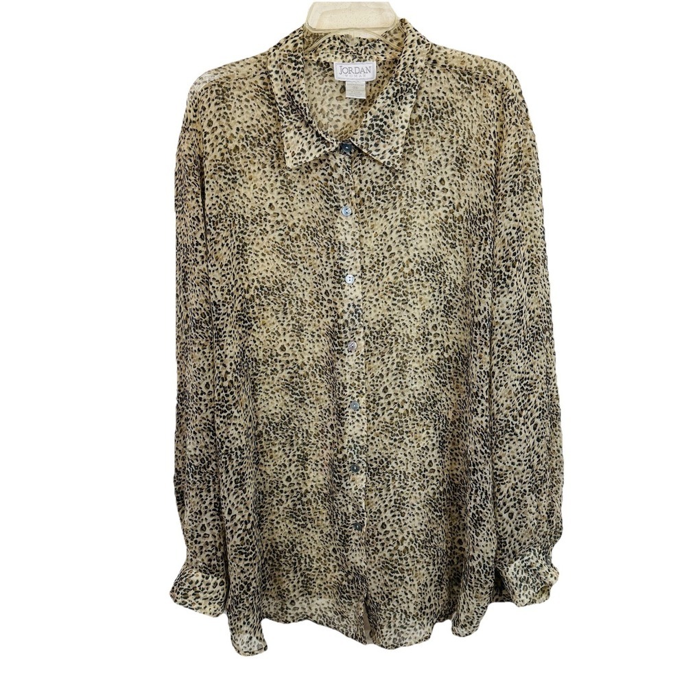 Jordan Woman Top Animal‎ Print Sheer 3X Button Brown Blouse Long Sleeves Collar